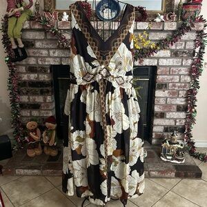 Y2K Sandra Darren Brown V-Neck Mesh Floral Embellished Beaded Knee Length Dress.